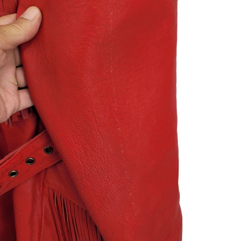 Vintage Leather Fringed Jacket Coat L Red Oversized Belted Rodeo Cowgirl Boho - Picture 10 of 16